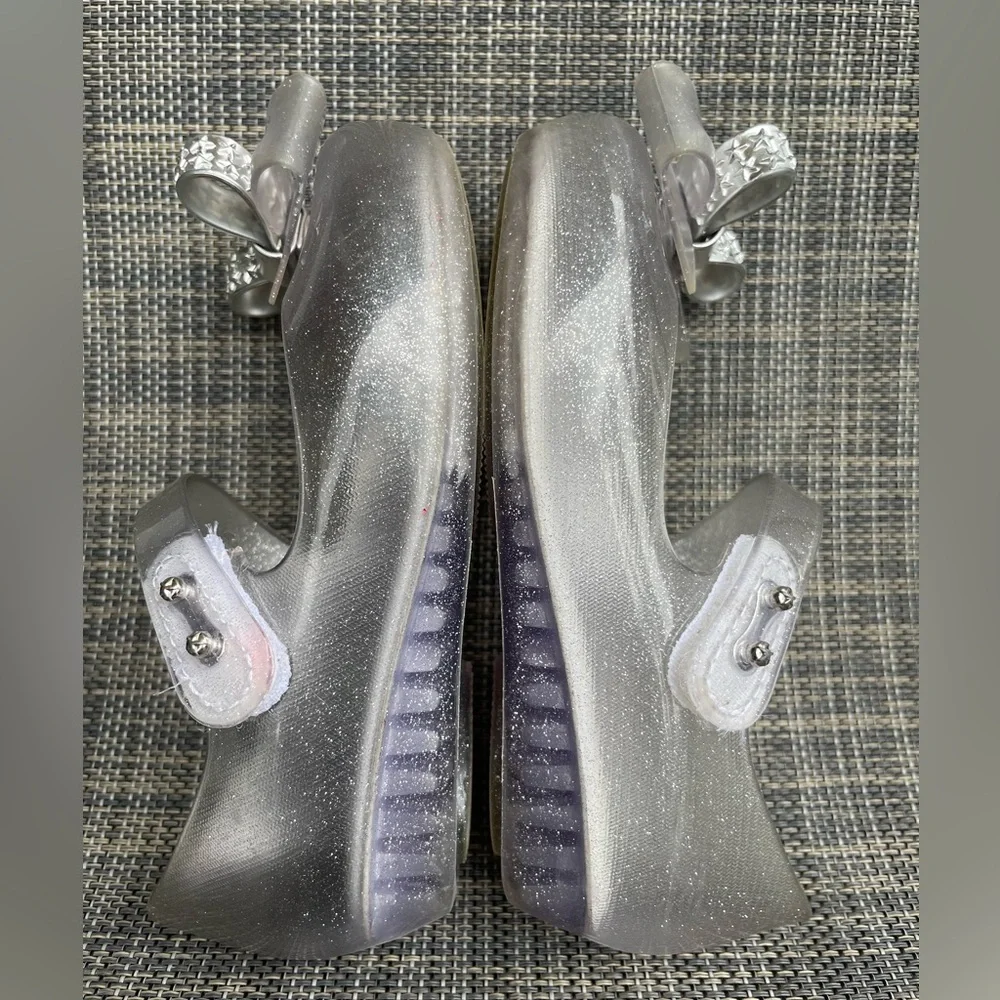 Mini Melissa Ultragirl Bow Mary Jane flats Clear glitter/Silver Dress Shoes sz 9
